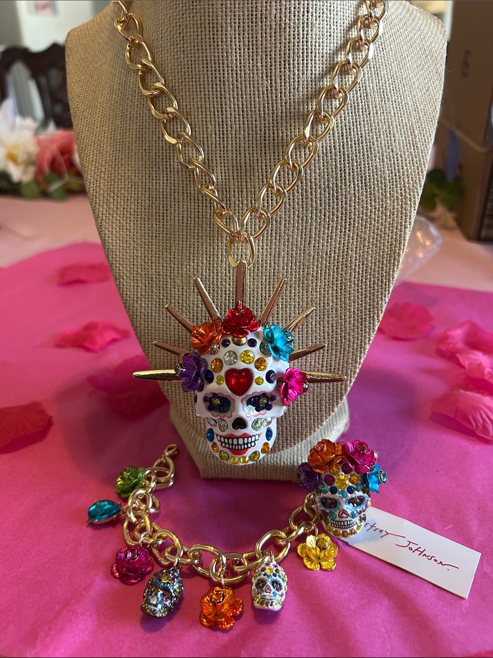 Colorful Sugar Skull Necklace & Charm Bracelet Set  with Elastic Ring Multicolor